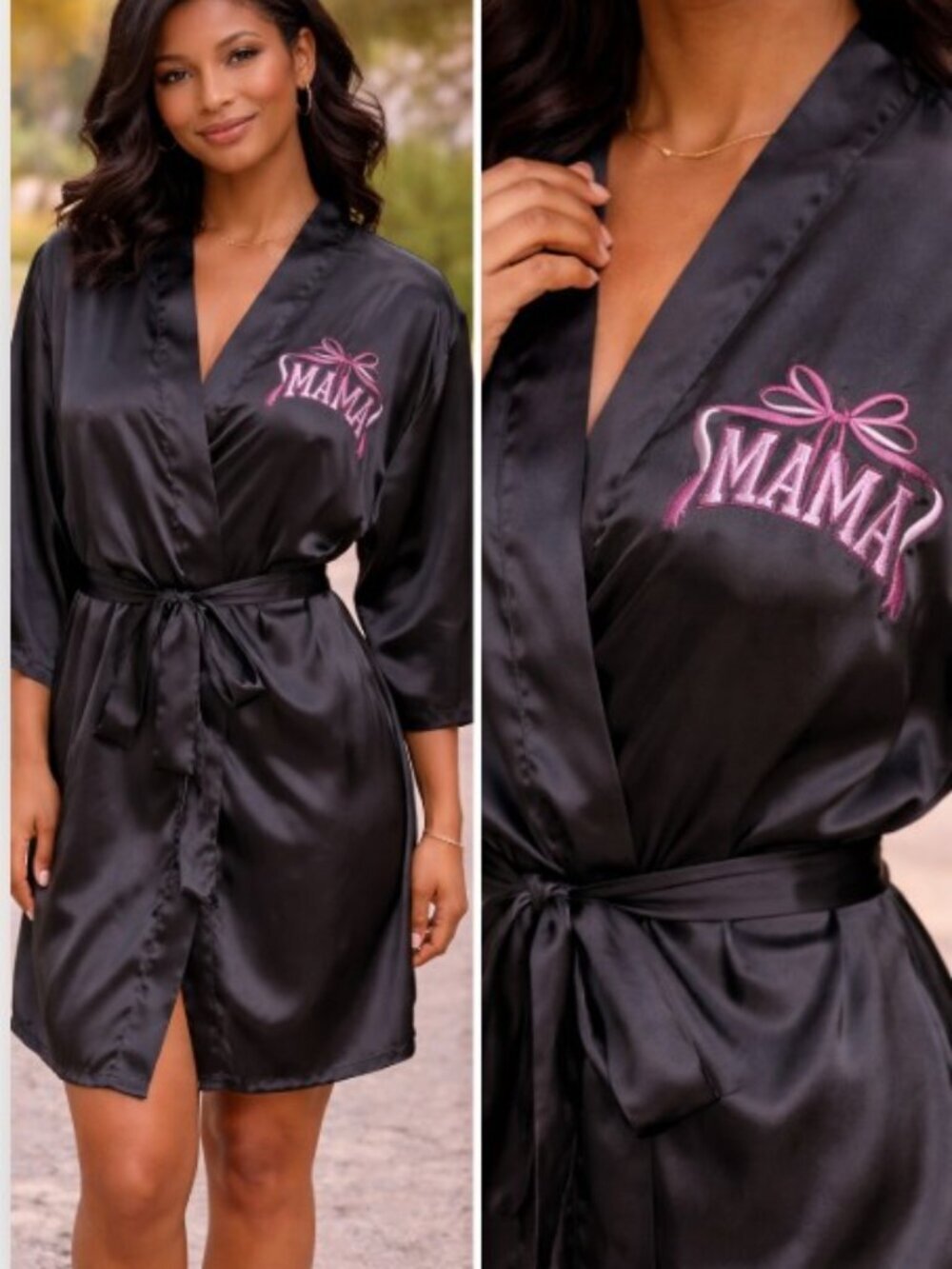 NWOT Black Satin Mama Spa Lounge Tie Robe with Pink Bow Graphic Design